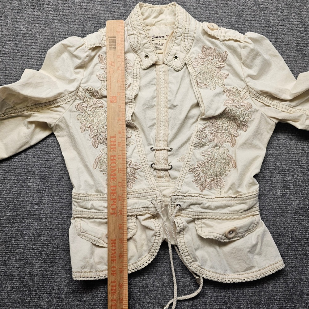 Forever 21 Cream Floral Embroidered Utility Jacket Puff Sleeve Peplum Small - Picture 3 of 8